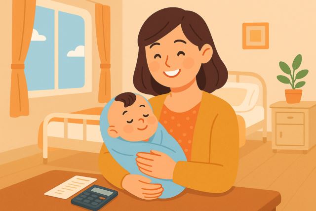 산후조리원이나 소아병원에서 밝게 미소 짓는 엄마와 아기 일러스트