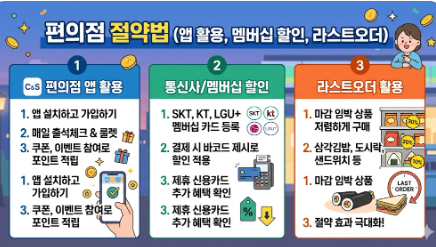 앱 활용, 멤버십 할인, 라스트오더 등 편의점 절약법 인포그래픽