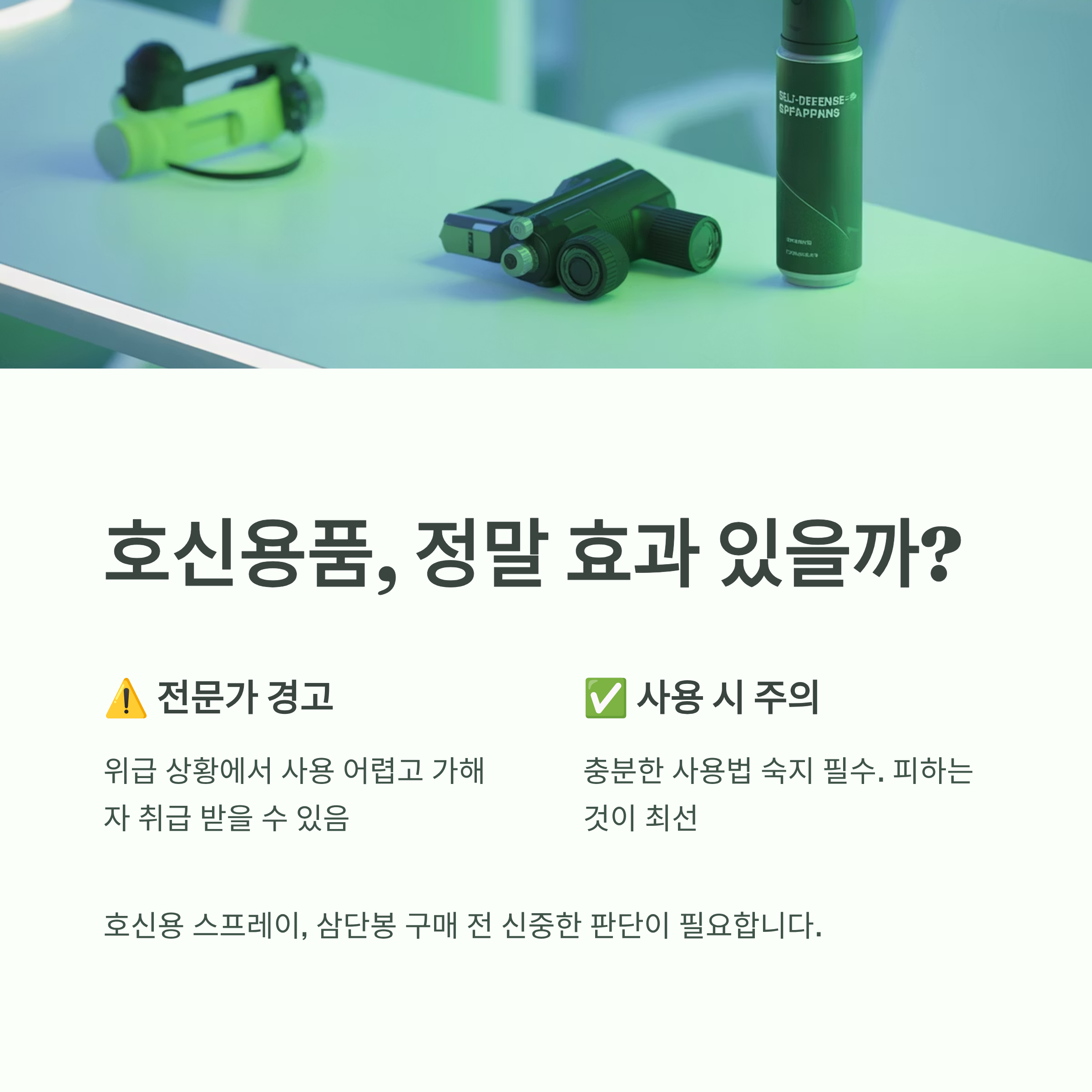 호신용품(스프레이, 삼단봉 등)의 실제 효과와 사용 시 주의점을 다룬 인포그래픽으로, 전문가 경고 및 사용법 숙지의 중요성을 강조