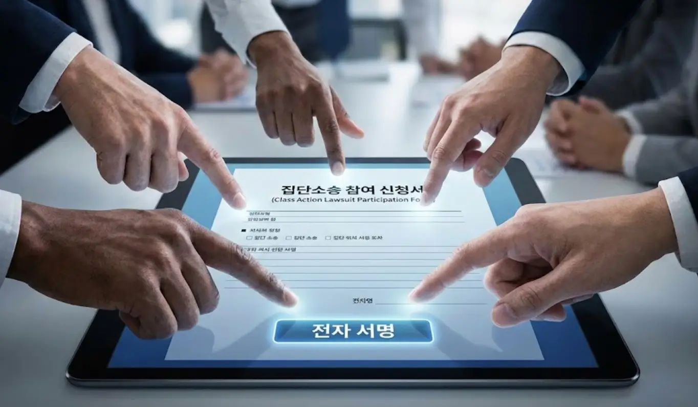 팡 개인정보 유출 보상을 위한 집단소송 참여 신청서 전자 서명 화면과 참가자들의 손.