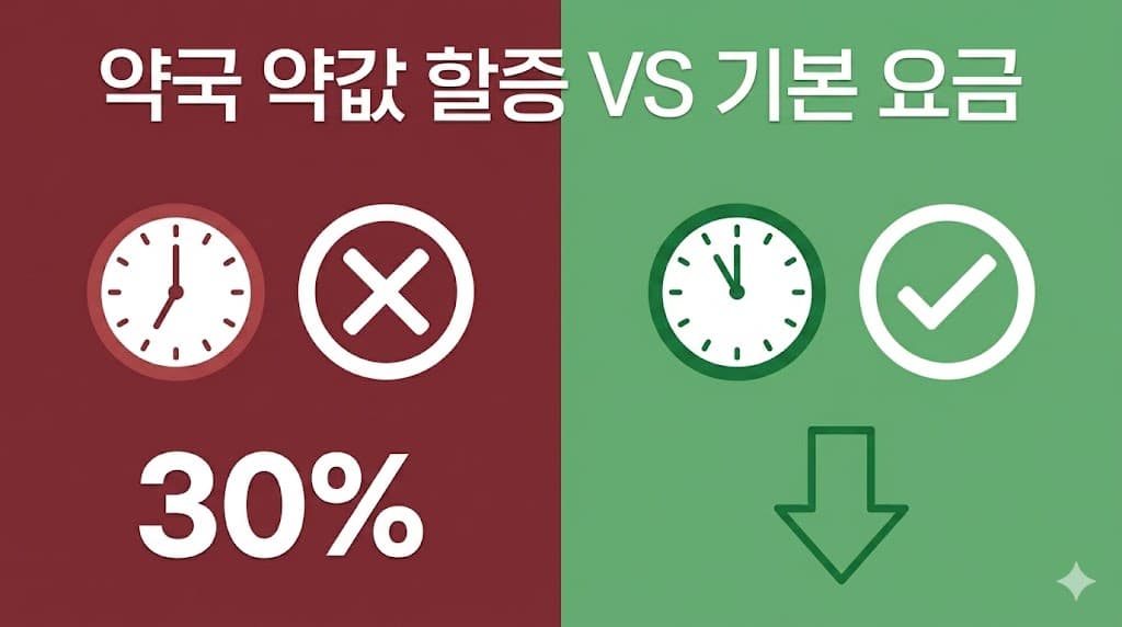 약국 조제료 할증 시간과 기본 요금 시간대를 비교한 인포그래픽 썸네일. 평일 9시~18시 사이는 기본 가격이며, 야간 및 공휴일에는 조제료의 30%가 할증된다는 내용을 시계 아이콘과 함께 직관적으로 설명함