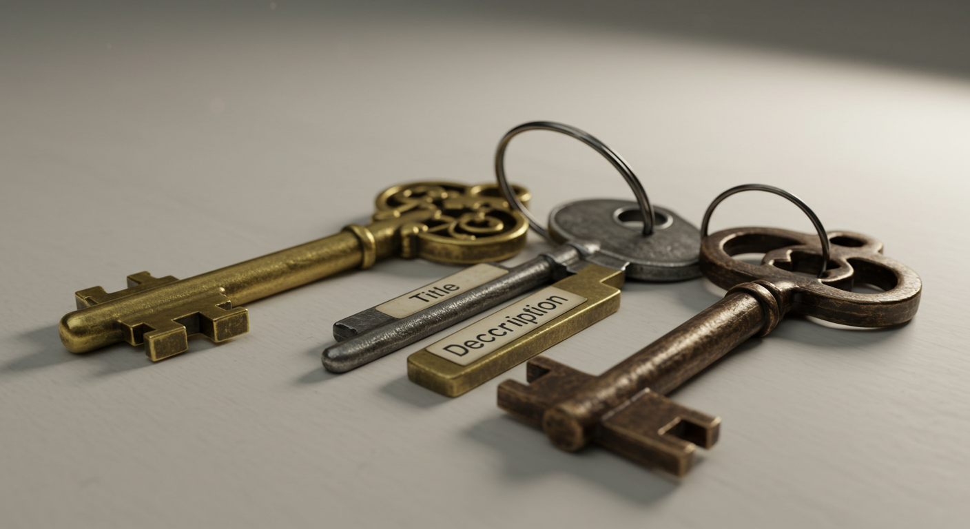 제목·설명·태그의 역할을 각각 다른 모양의 열쇠로 상징한 개념 이미지