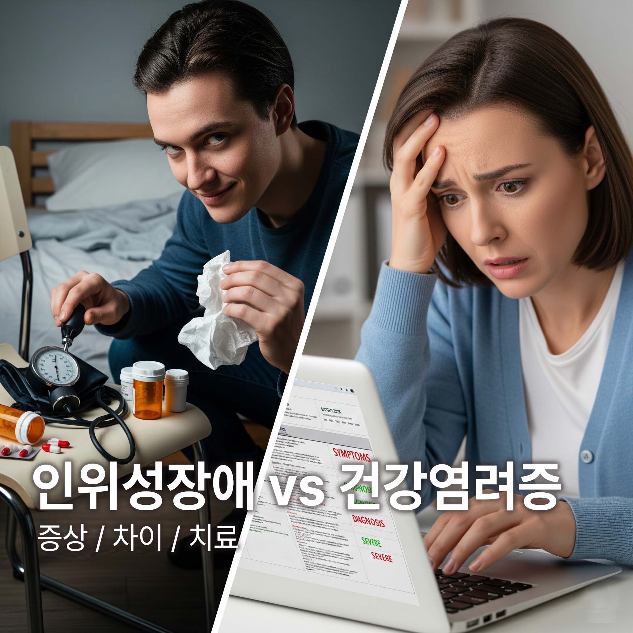 왼쪽은 인위성장애 환자가 아픈 것을 꾸며내기 위해서 약병을 능숙하게 만지고 있고 오른쪽은 건강염려증 환자가 건강정보를 찾아가면서 불안해 하고 있다