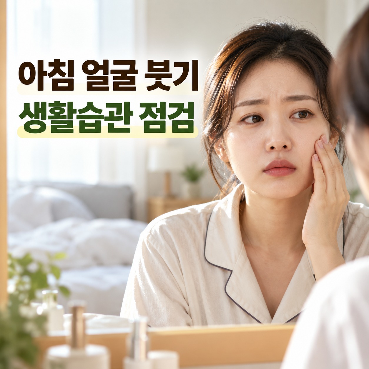 아침에 거울을 보며 얼굴 붓기를 확인하는 여성