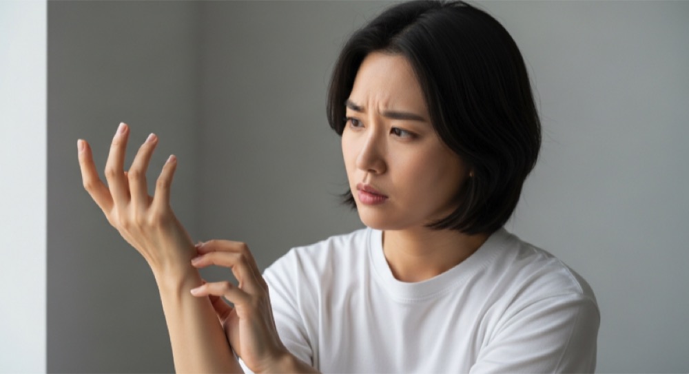 가만히 있어도 손 떨림이 지속되는 모습