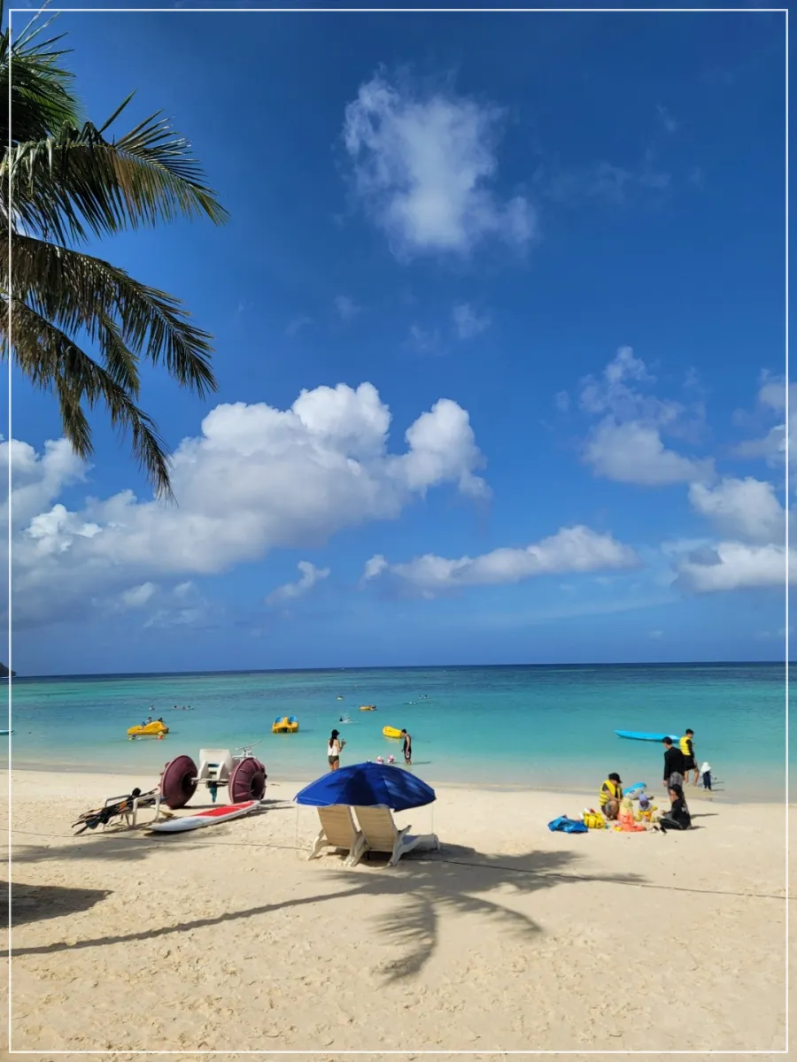 바다-모래밭-파라솔-야자수-배