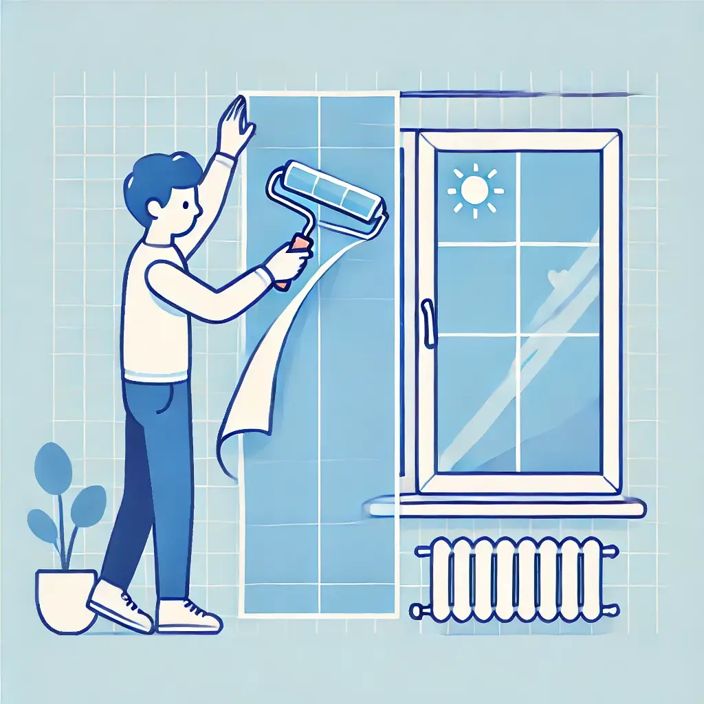 창문에 단열 필름을 부착하며 난방비를 줄이는 모습