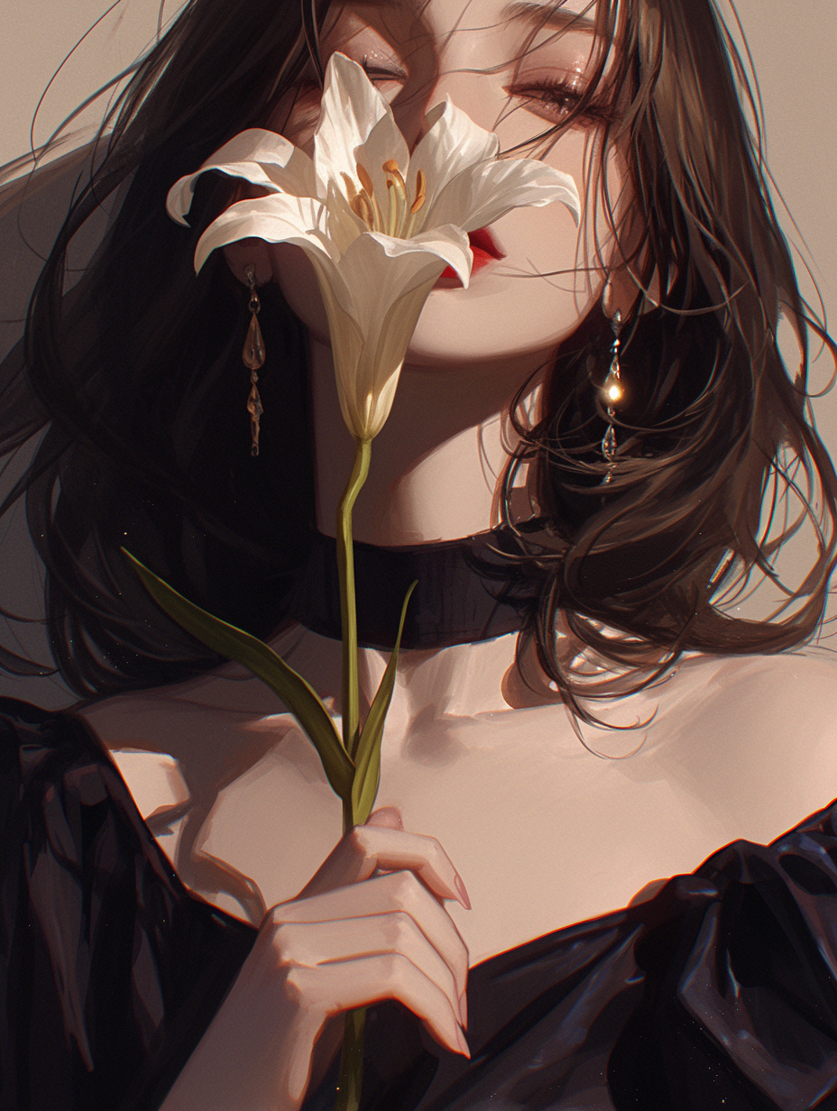 Black-hair-Red-lipstick-and-Lily