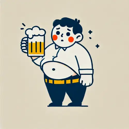 술을 마시며 불룩 나온 배를 고민스럽게 바라보는 남성