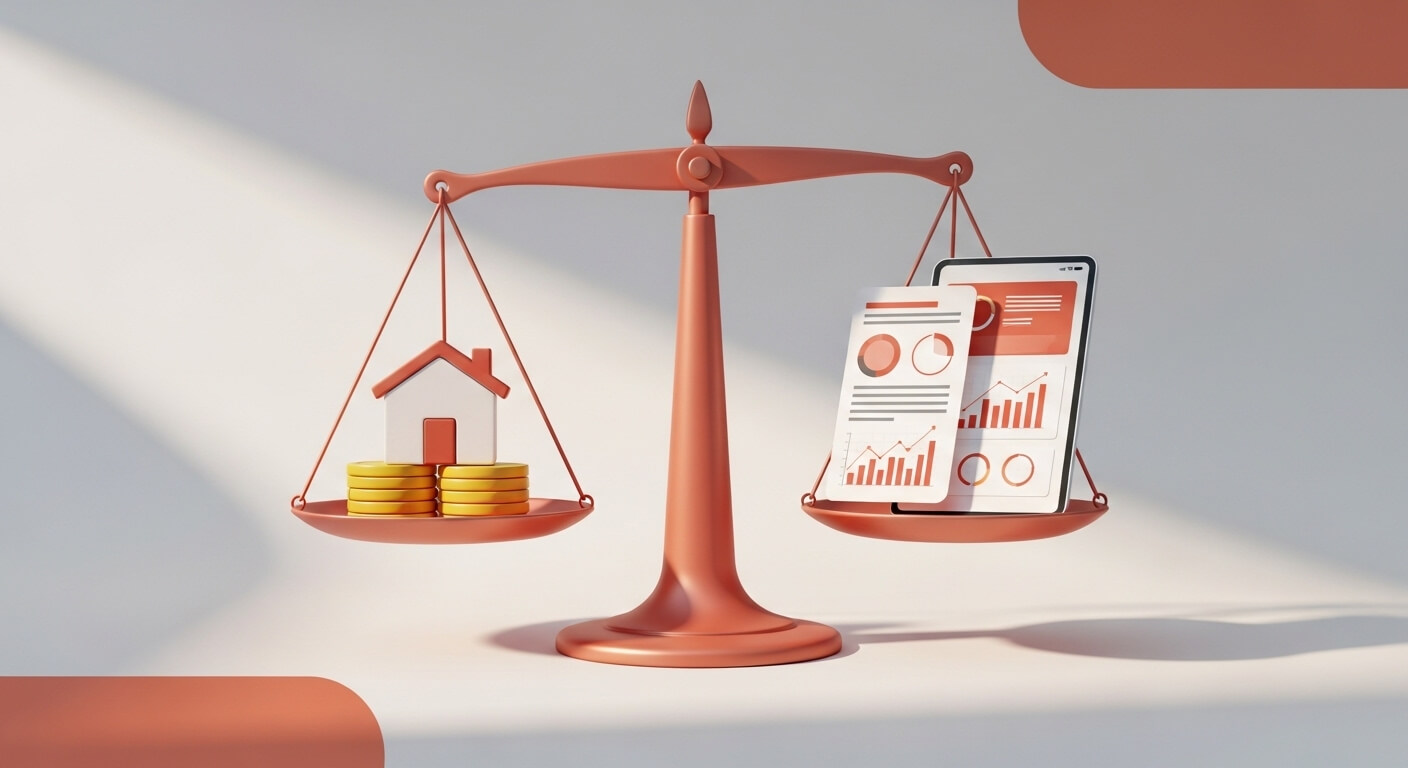 양쪽저울위에 한쪽은 집과코인이 한쪽은 서류가 올려져 균형을 맞추고있다