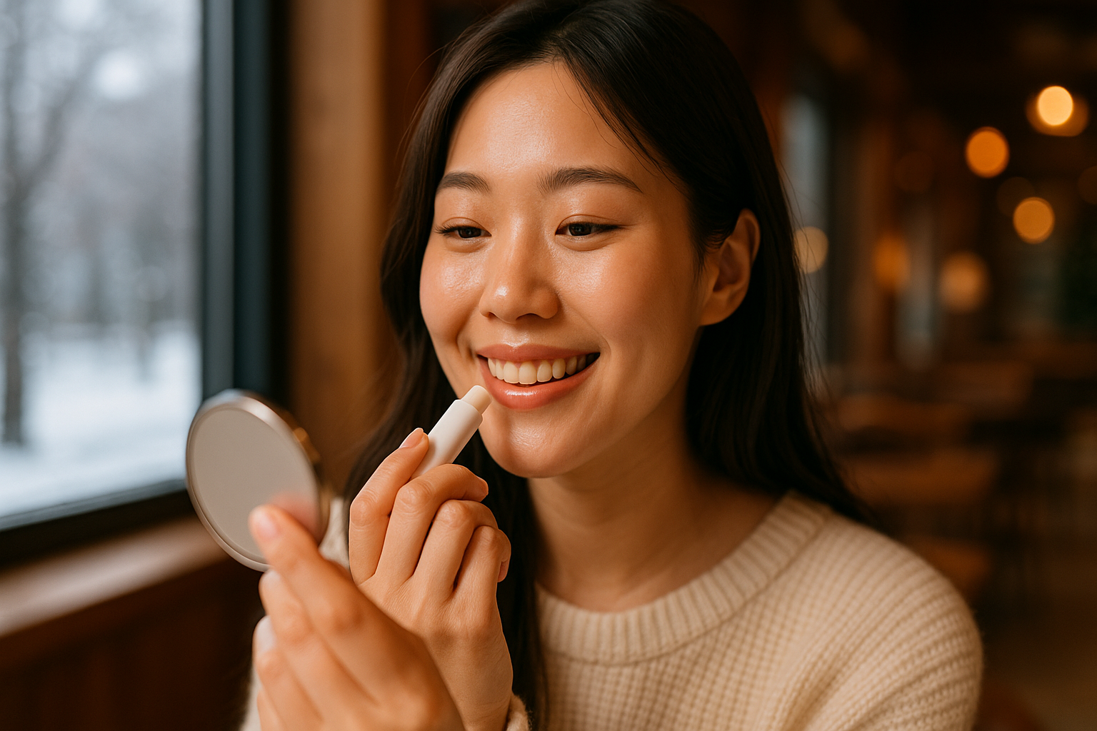 립밤을 바르고 있는 여성