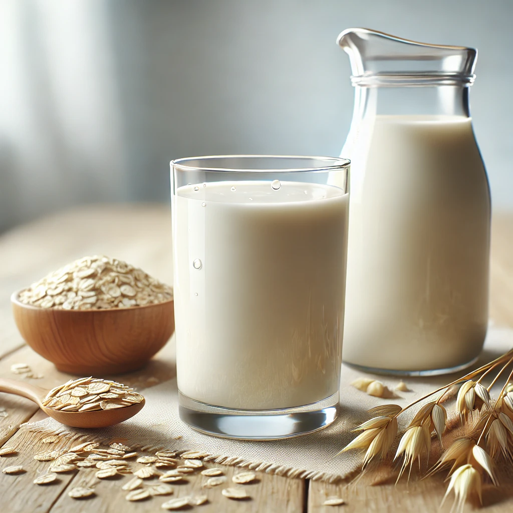 나무 테이블 위에 놓인 귀리우유 한 잔과 귀리 알갱이, 귀리우유가 담긴 작은 주전자.