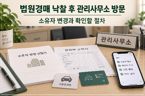 법원경매 낙찰 후 관리사무소에서 소유자 정보와 관리비, 출입 절차를 확인하는 모습