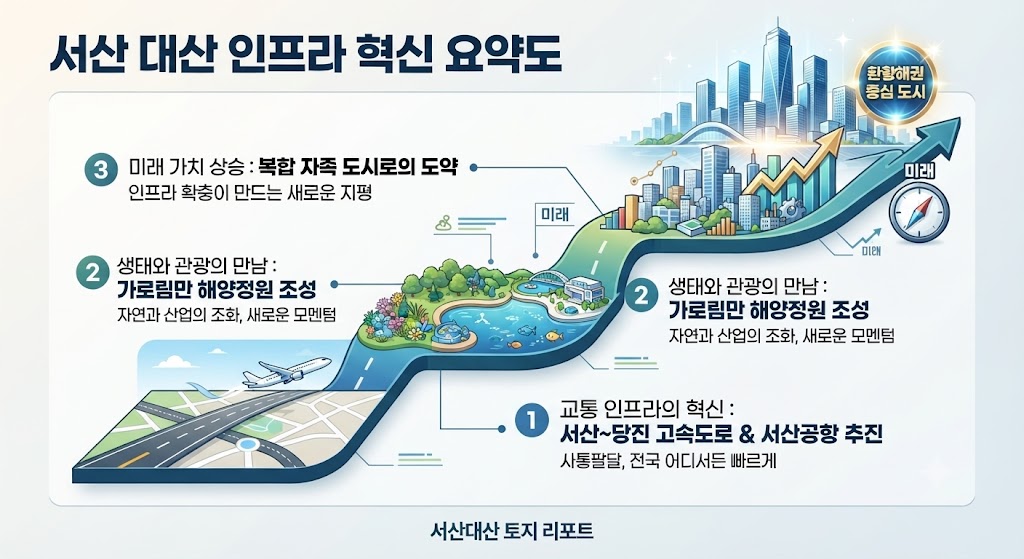 서산 대산 인프라 혁신 요약도: 서산공항, 서산당진고속도로, 가로림만 해양정원 개발 계획