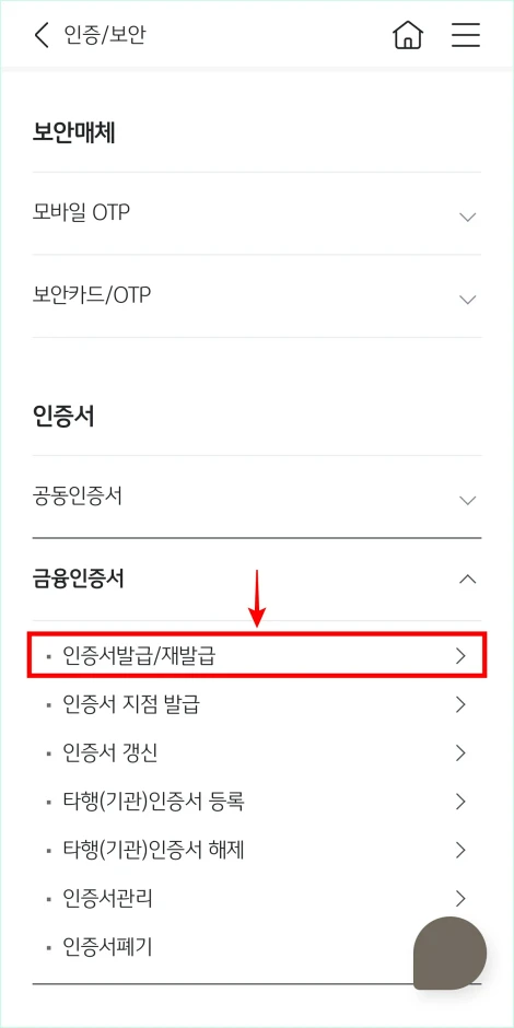 금융인증서의 &amp;#39;인증서 발급/재발급&amp;#39;을 선택