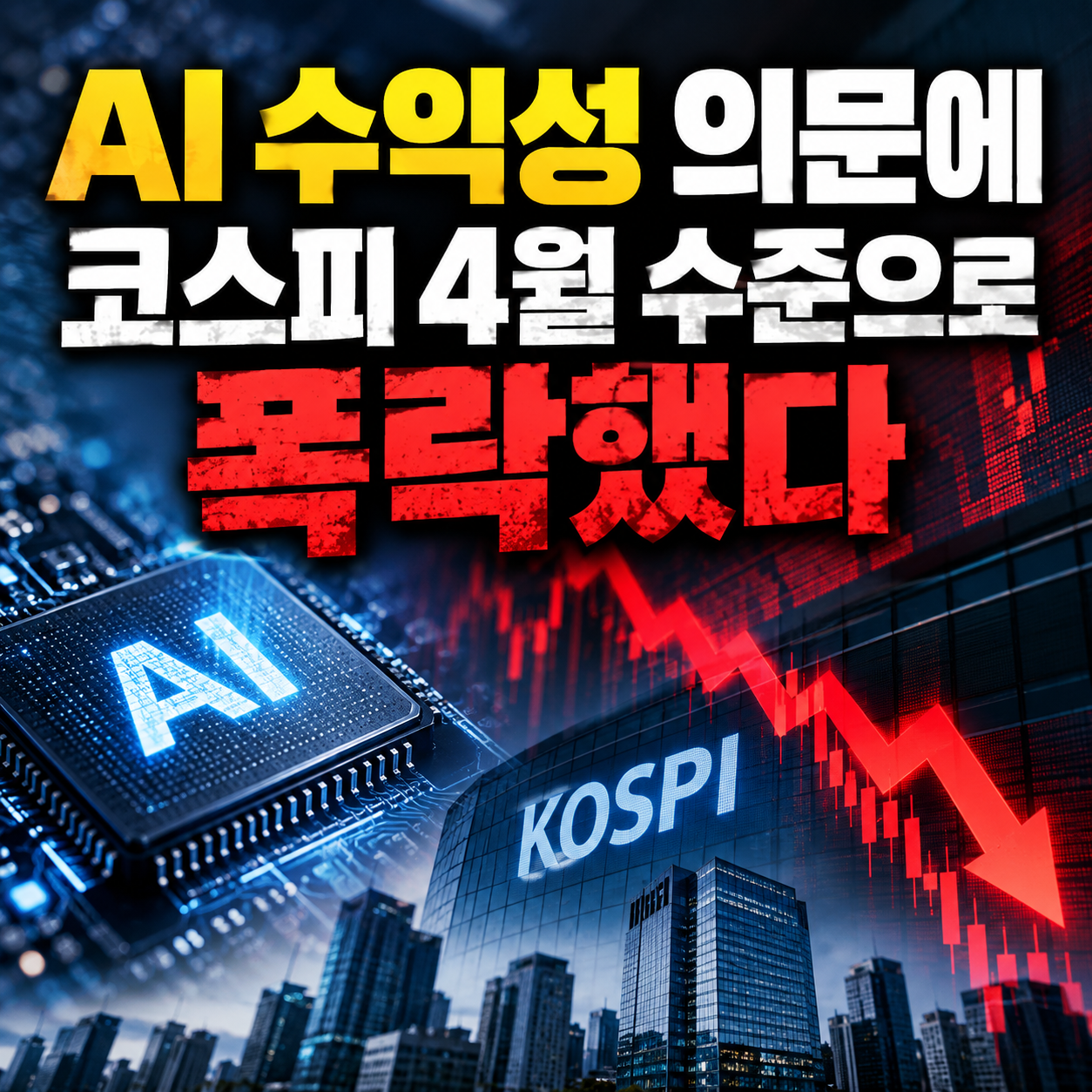 AI 수익성 우려로 코스피가 4월 수준까지 폭락한 상황을 AI 반도체, 붉은색 하락 그래프, 금융시장 배경으로 표현한 경제 뉴스 이미지.