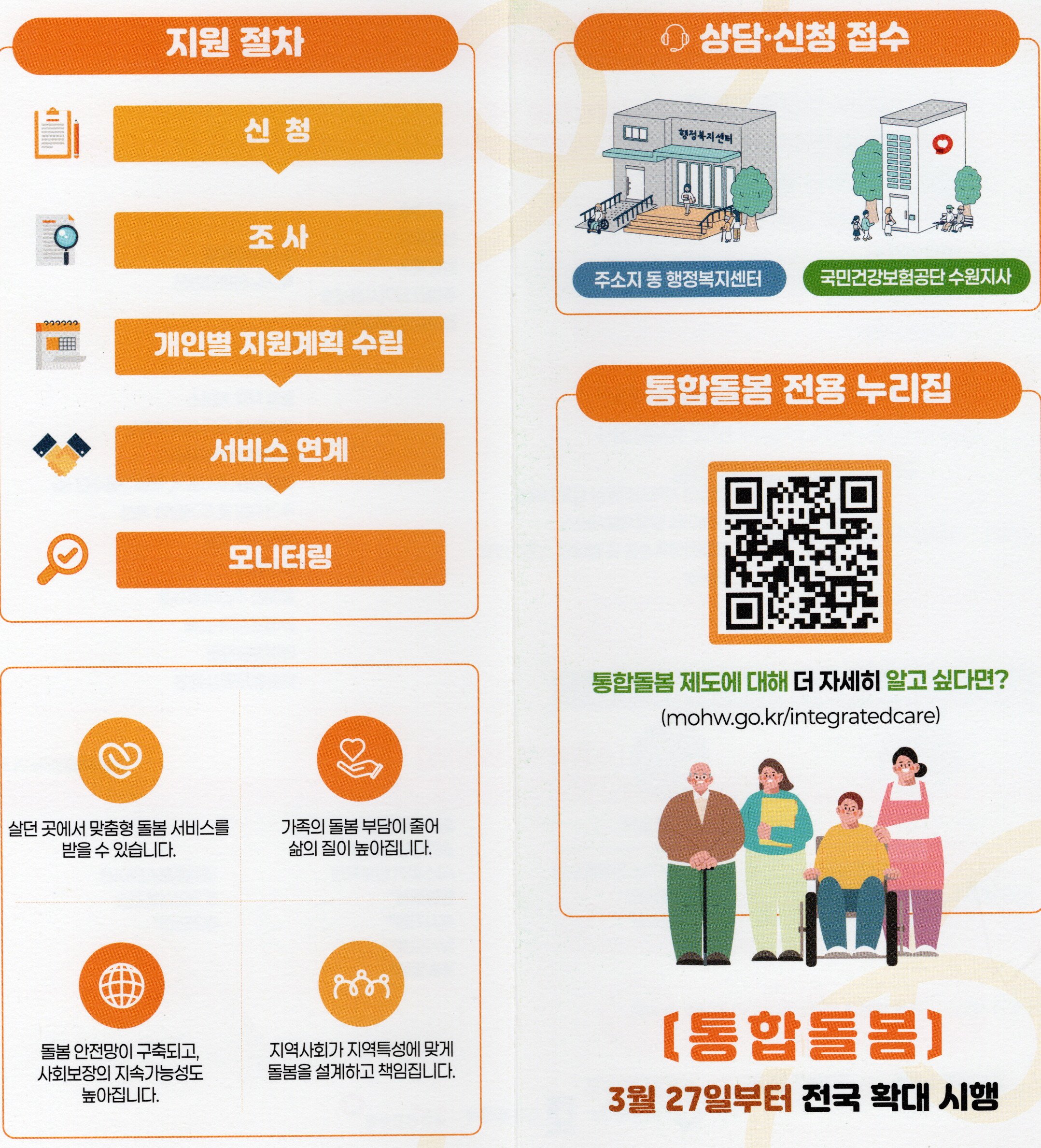 통합돌봄 안내 브로셔, 노인과 장애인을 위한 맞춤형 돌봄 서비스 설명