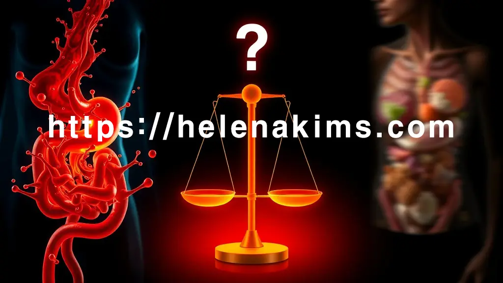 어두운 배경 위, 위장을 좌우로 명확히 분할하여 표현. 왼쪽은 과도하게 붉고 넘쳐흐르는 위산이 위를 괴롭히는 모습으로 '위산과다'를, 오른쪽은 흐릿하고 활동 없는 위산과 미소화 음식물이 담겨 '위산 부족' 상태를 시각화. 중앙에는 pH 밸런스를 상징하는 저울이 균형을 잡으려는 듯 빛나고, 상단에 **'속쓰림은 위산과다?'**라는 물음표 아이콘이 떠 있는 이미지.