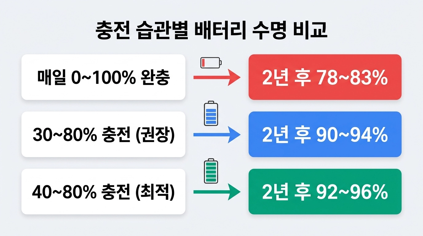 스마트폰 30-80 충전 규칙과 100% 충전 시 배터리 수명 비교 인포그래픽