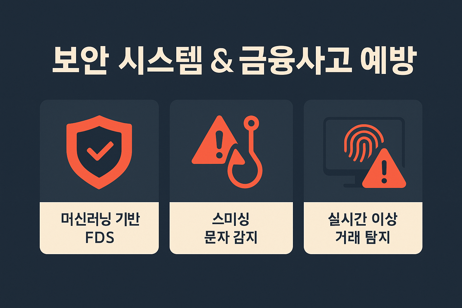 카카오뱅크의 머신러닝 기반 FDS 시스템, 스미싱 문자 감지 기능, 실시간 이상 거래 탐지 기술을 시각화한 이미지로, 사용자의 금융 안전을 강화하는 기능 요약 인포그래픽입니다.