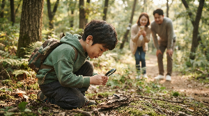 체험학습에서 곤충을 집중해서 관찰하는 초등 저학년 아이