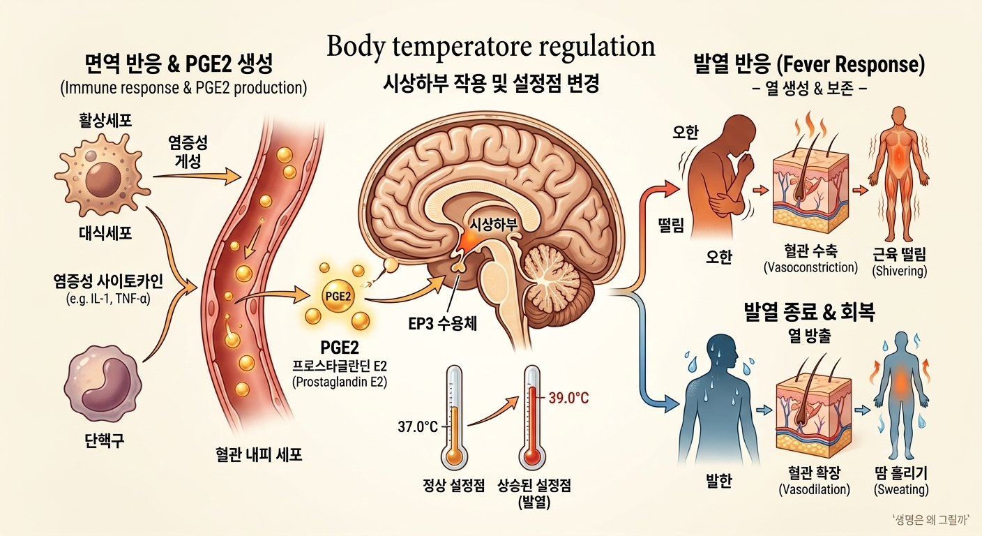 면역 신호와 PGE2가 시상하부의 체온 조절 회로에 영향을 주고, 체온 설정점 변화에 따라 열 생성&middot;혈관수축&middot;떨림&middot;발한 등이 조절되는 생리학적 도식