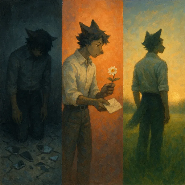 자기 회복의 여정을 상징하는 3단 트립틱 일러스트. 어둠 속 절망, 중간의 용서와 치유, 그리고 평온한 회복의 단계를 표현