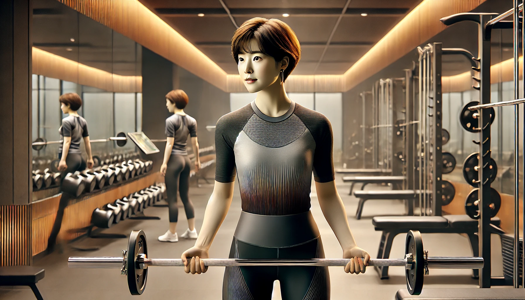 30대 한국 여성, 단발머리를 하고 피트니스 센터에서 바벨컬을 수행하는 모습, 운동에 집중한 표정, 현대적인 헬스장 배경