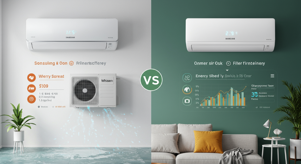 2025년 벽걸이 에어컨 구매 가이드: 삼성 무풍, LG 휘센 비교, 가격, 설치비, 전기세, 소음, A/S 정보 시각화