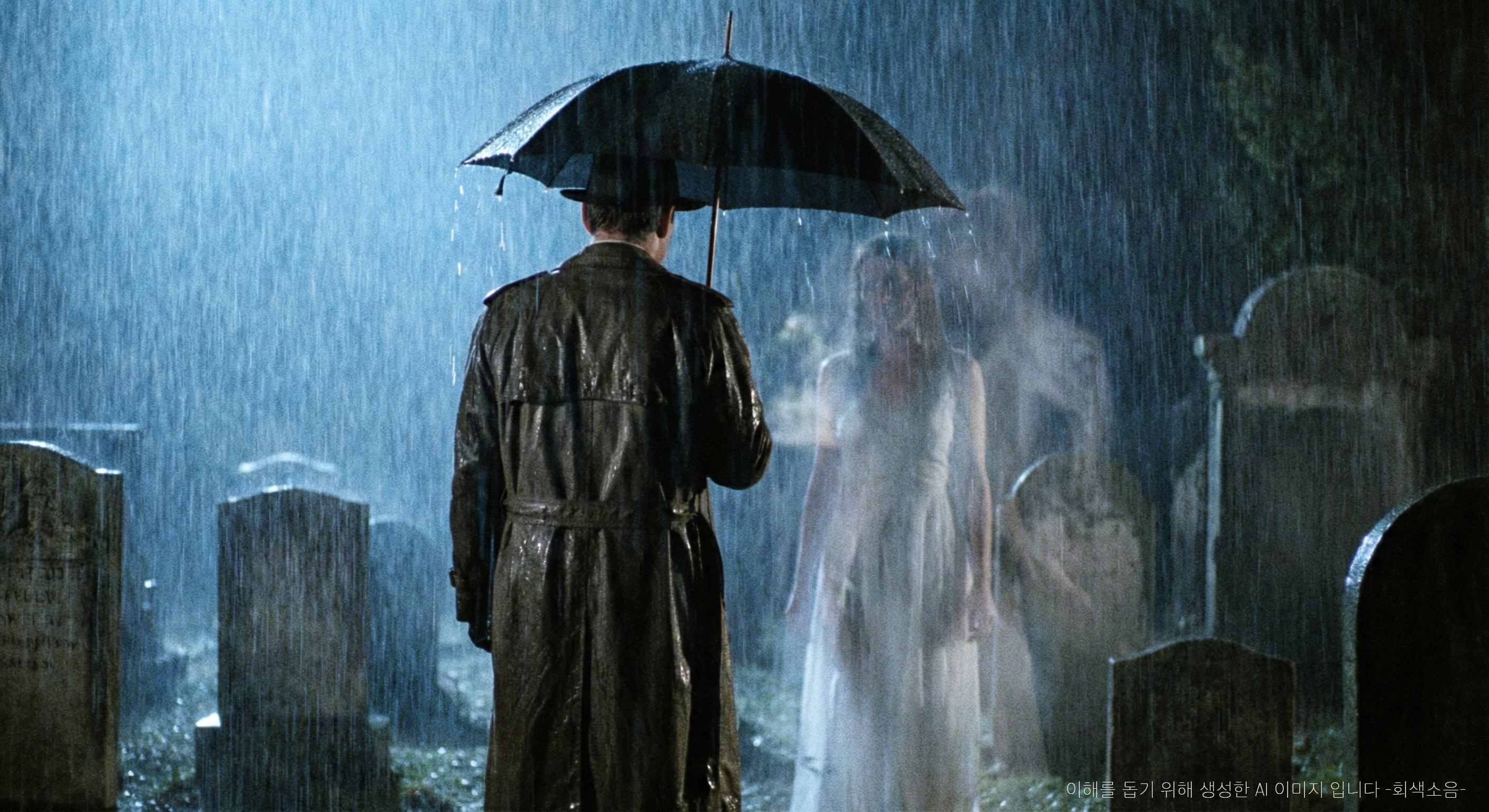 닿을 수 없는 거리 : 산 자와 죽은 자의 단절. 비 내리는 밤의 묘지에서 검은 우산을 든 남자 옆에 희미하게 빛나는 젊은 여성의 유령 실루엣이 서 있어, 슬픔과 이별이 대비되는 장면.