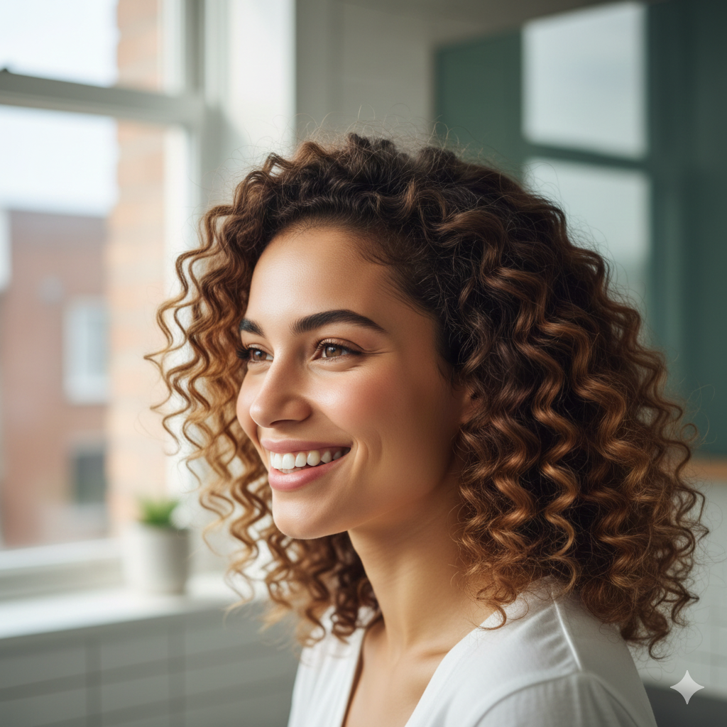 건강한 두피와 차분하고 윤기 나는 곱슬머리를 가진 여성의 행복한 미소