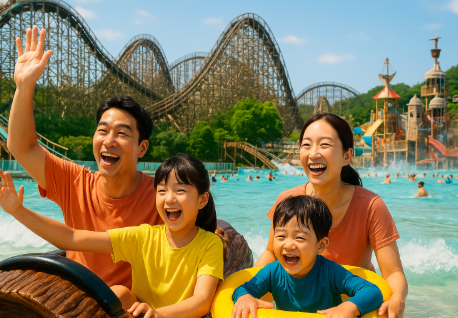 에버랜드에서 놀이기구를 즐기고 있는 가족