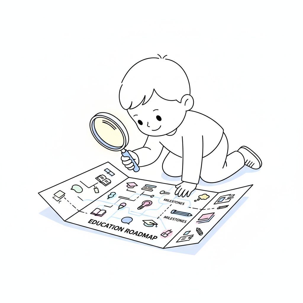 미니멀한 라인 드로잉 일러스트. 돋보기를 든 아이가 커다란 지도(교육 로드맵)를 호기심 어린 표정으로 관찰하는 모습.