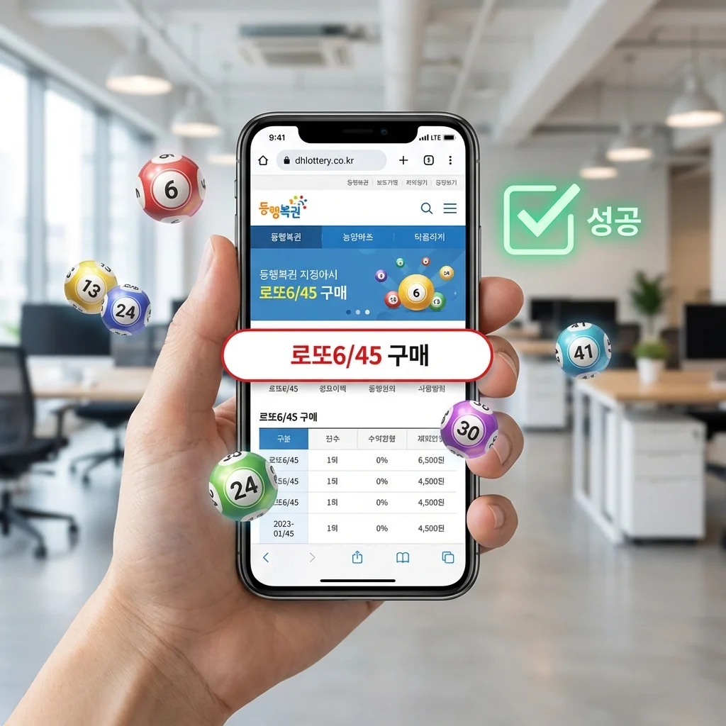 스마트폰 크롬 브라우저를 통해 동행복권 PC 버전 홈페이지에 접속하여 로또 6/45를 구매하는 성공적인 장면