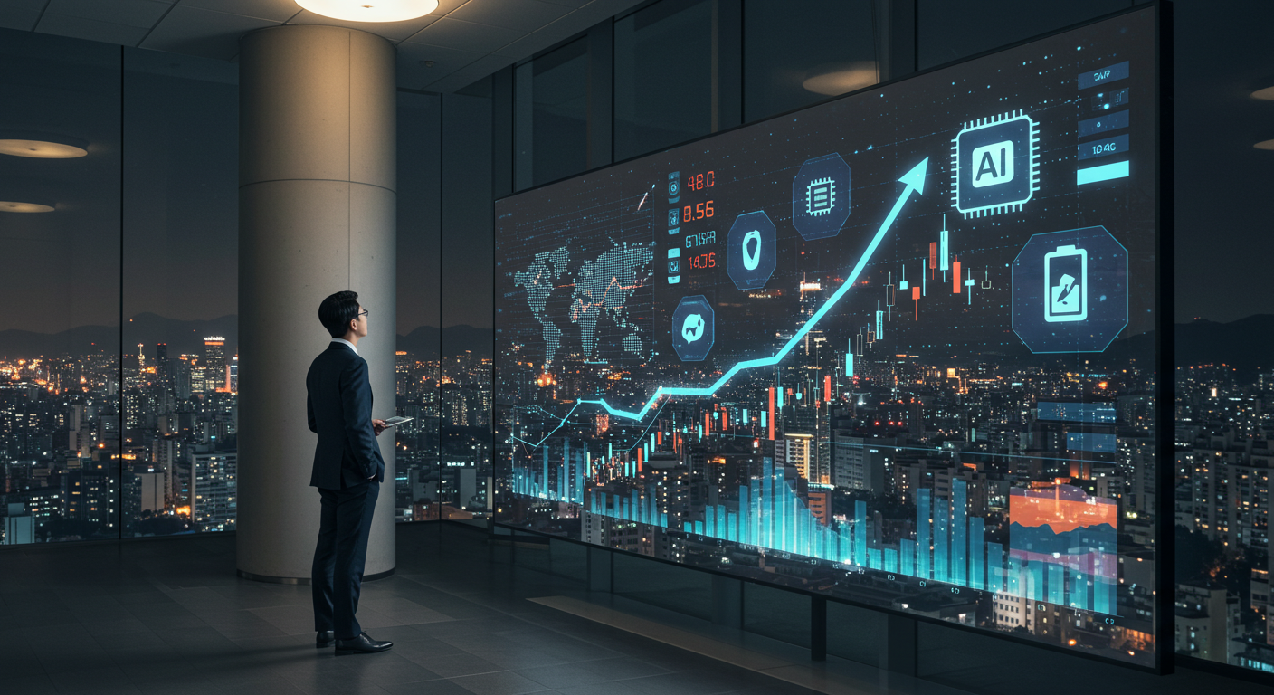 2025년 한국 증시를 이끌 주요 산업인 AI, 반도체, 2차전지를 상징하는 기술 주식 그래프 이미지
