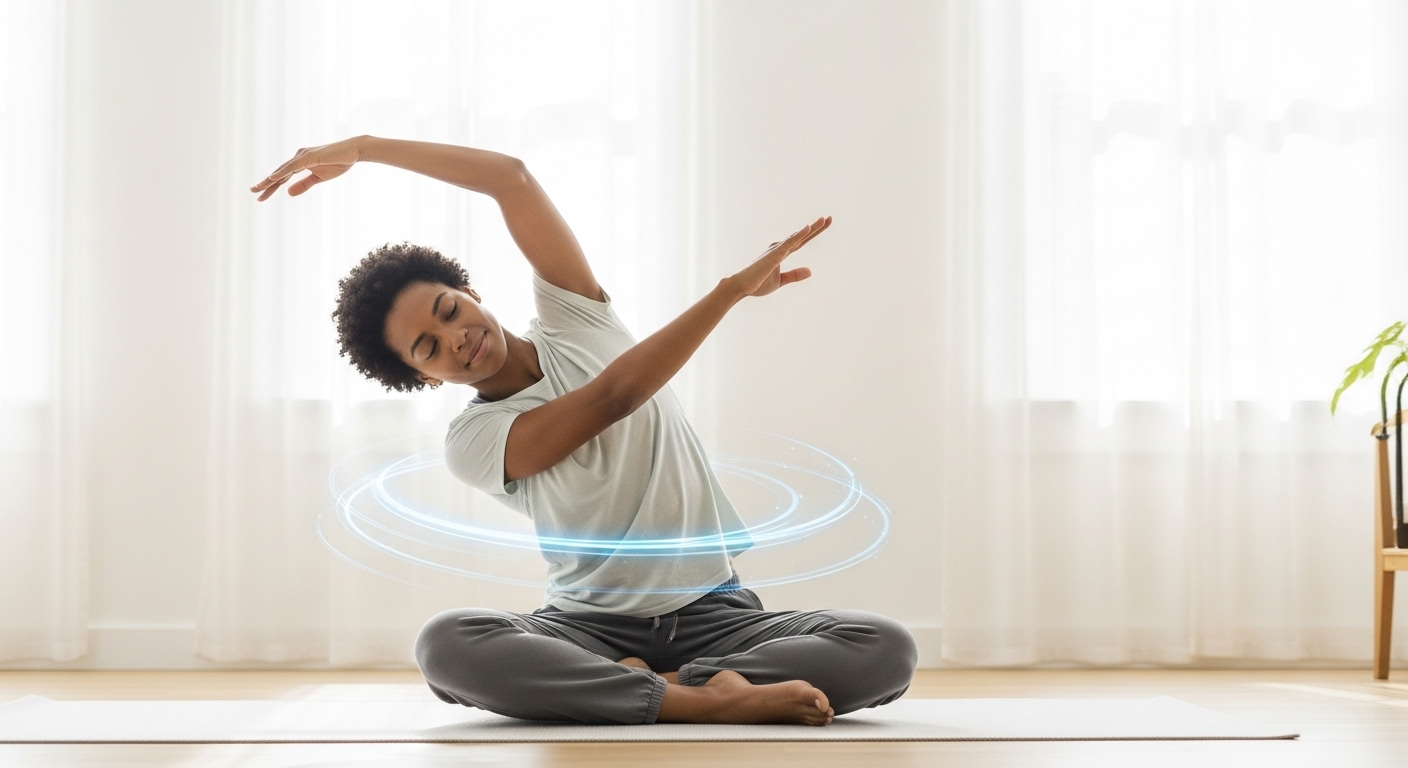 밝은 공간에서 편안하게 스트레칭하며 몸의 유연성을 기르는 사람의 모습.