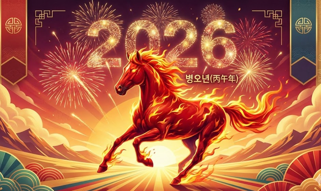 화려한 금빛 불꽃놀이를 배경으로 불꽃에 휩싸여 달리는 역동적인 붉은 말 일러스트와 '2026 병오년(丙午年)' 텍스트