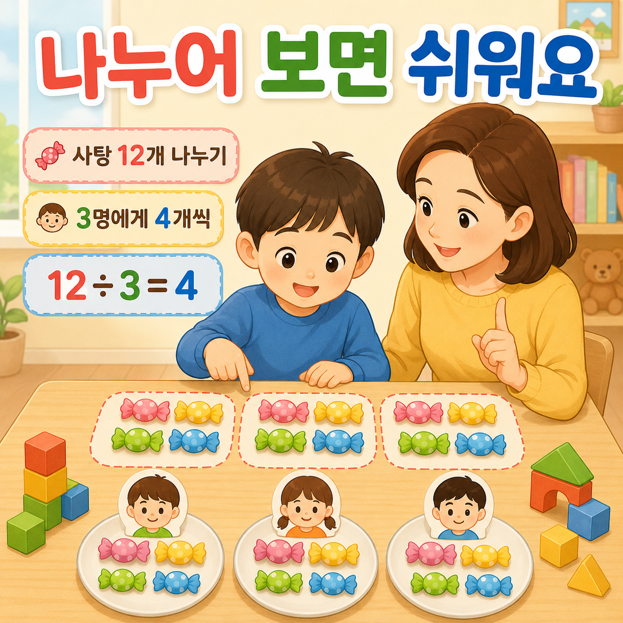 사탕과 블록으로 나누어 보면 관계가 보여요