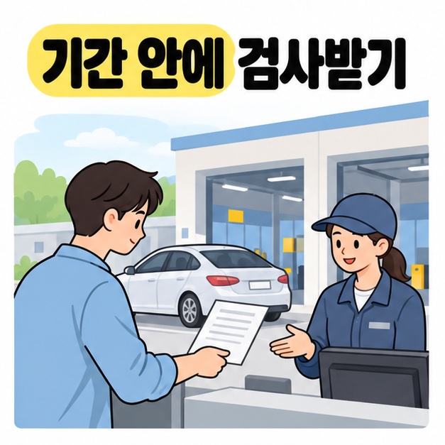 기간 안에 검사받기 문구 아래 자동차 검사소 접수대에서 담당자에게 서류를 보여주는 남성