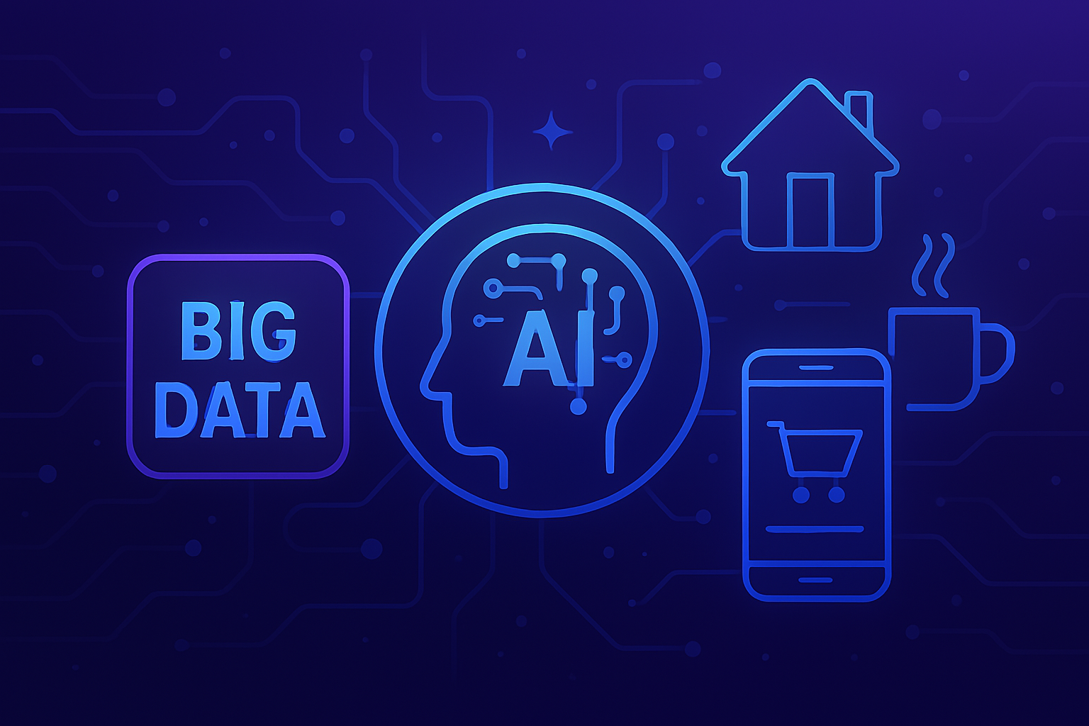 빅데이터 흐름 속에서 AI가 자연스럽게 일상 속으로 스며드는, 연결된 미래 생활의 추상적 장면