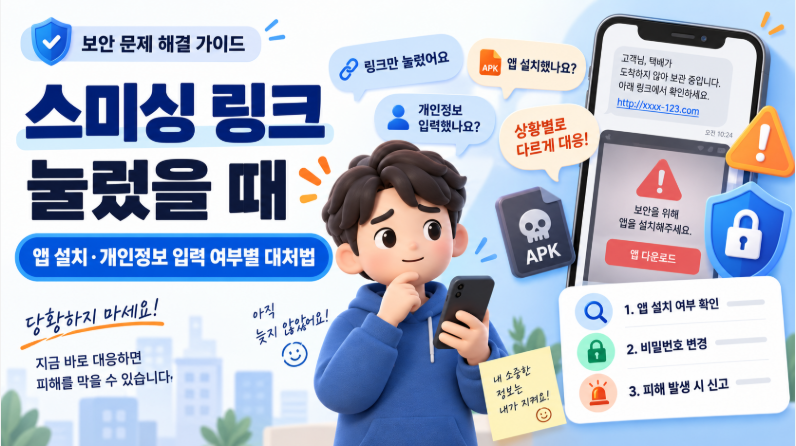 스미싱 링크 눌렀을 때 대처법 ❘ 앱 설치&middot;개인정보 입력 여부별 해결방법 2026