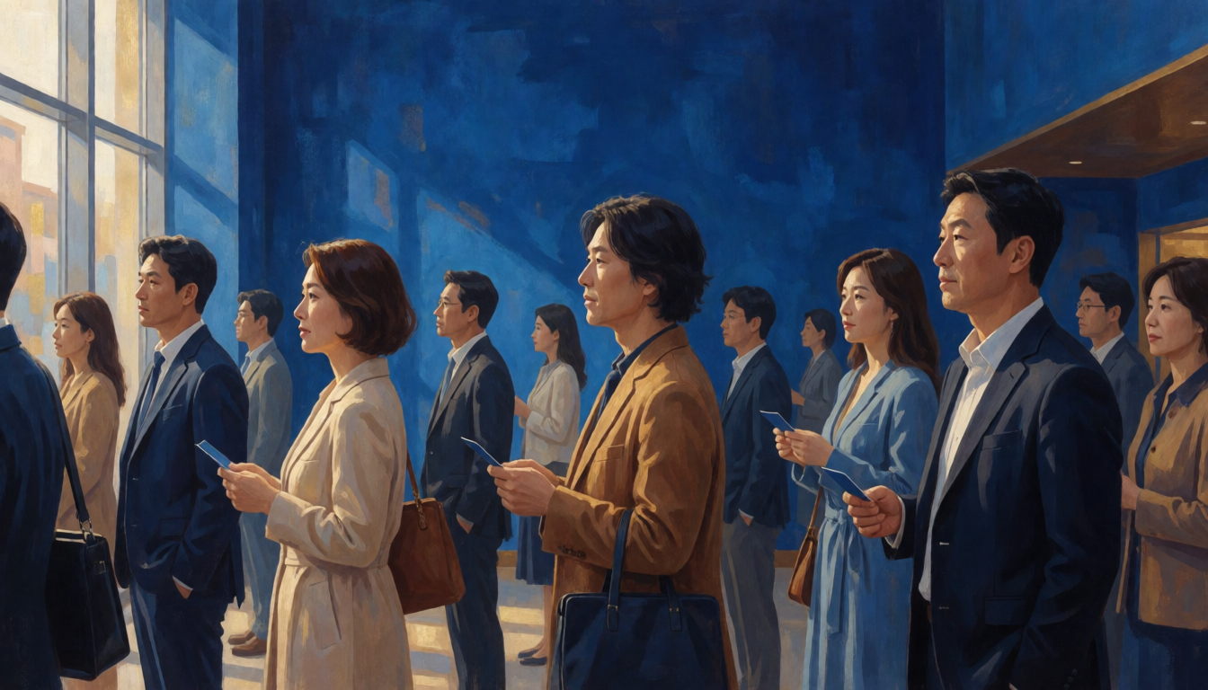 푸른 영화관 로비에서 작은 빈 카드를 들고 기다리는 성인 관객들