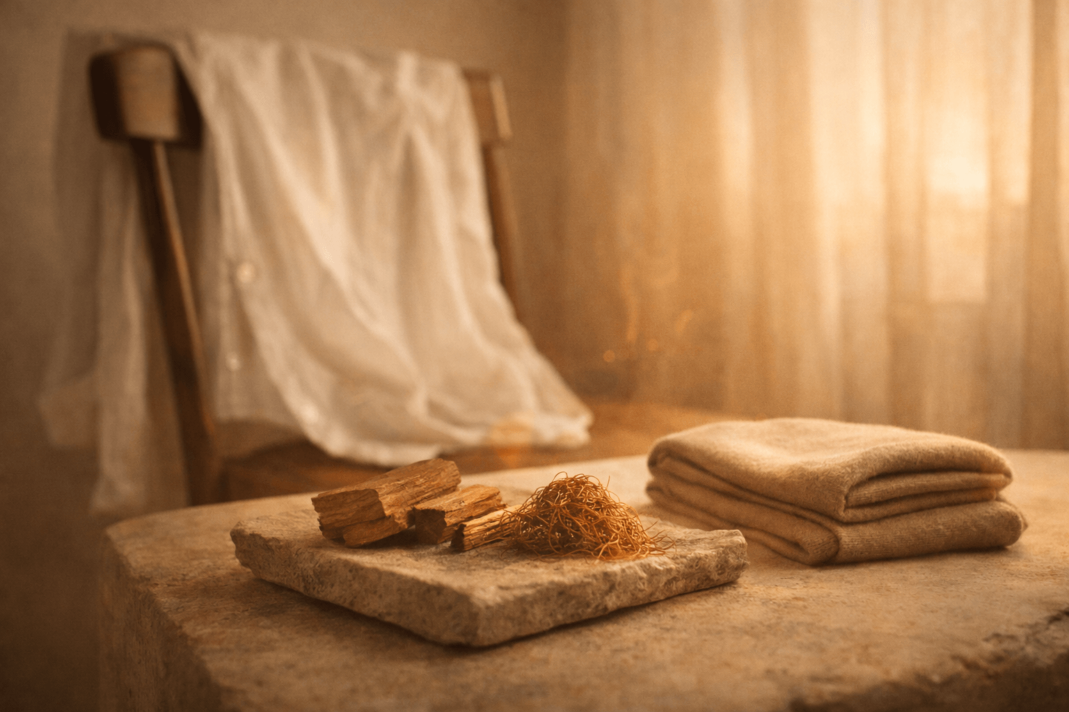 린넨 셔츠와 캐시미어 스카프가 놓인 의자 옆, 스톤 트레이 위의 시더우드와 베티버 루트가 따뜻한 앰버 톤 빛 속에서 연출된 미니멀한 조용한 럭셔리 분위기