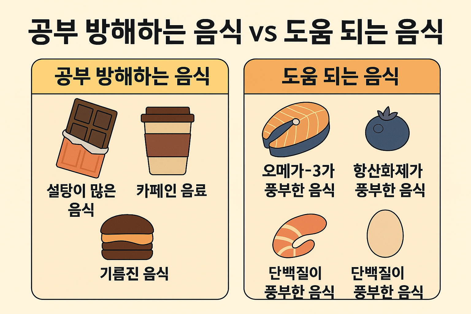 공부 방해하는 음식과 공부에 도움이 되는 음식을 비교한 인포그래픽