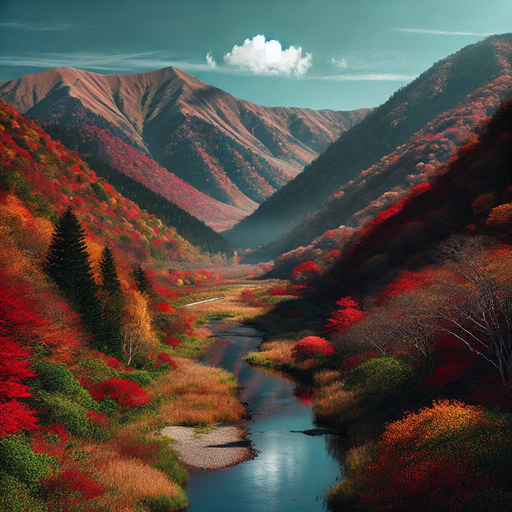 가을 단풍으로 덮인 산과 그 사이를 흐르는 강