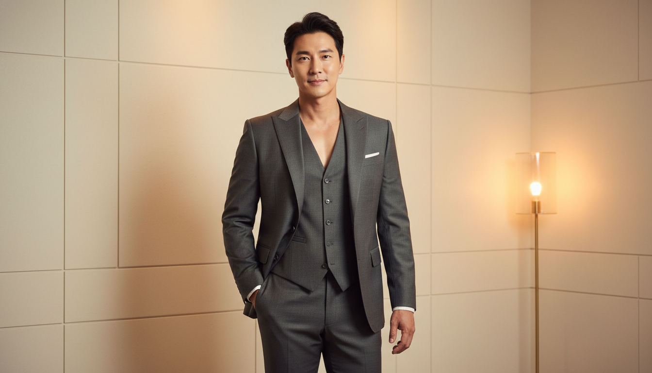 44kg 감량 후 완벽한 수트핏을 뽐내며 자신감 넘치게 미소 짓는 성시경의 모습. 그의 건강하고 날씬한 변화가 돋보입니다.