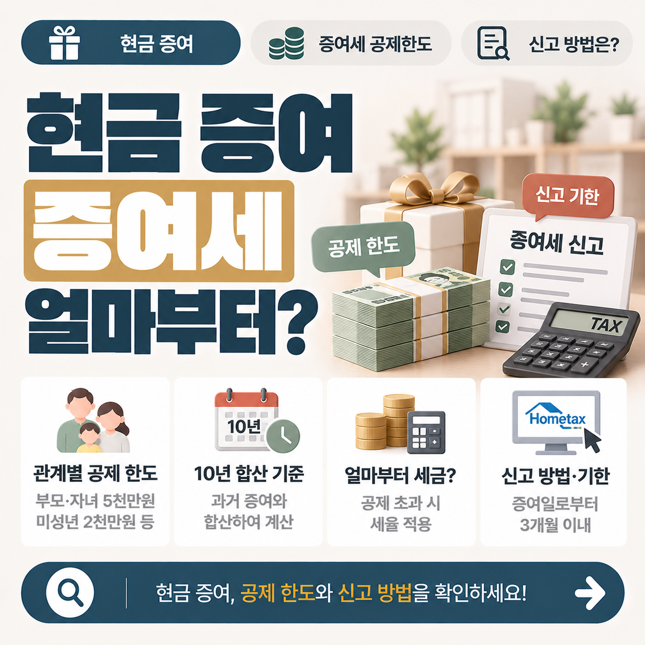 현금 증여 시 증여세 공제 한도와 10년 합산, 신고기한을 판단하는 기준 이미지