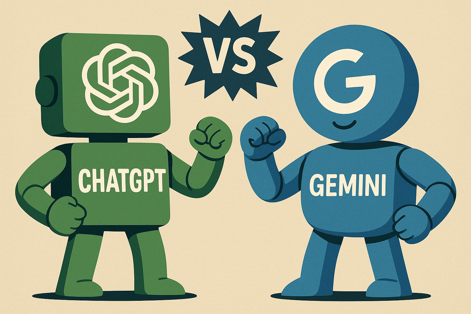 챗지피티와 제미나이를 사람 캐릭터 표현하고 둘이 주먹을 맞대고 있는 그림