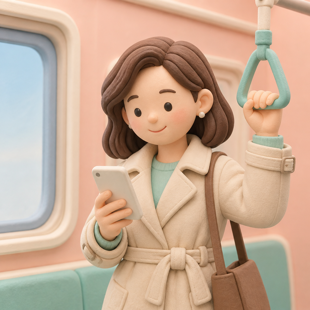 아침 출근길 지하철에서 휴대폰 메모를 보며 미소 짓는 30대 여성