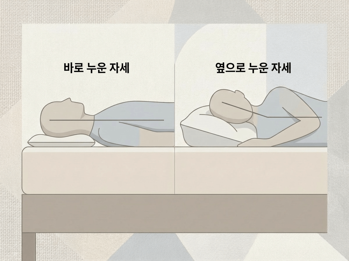 바로 누움과 옆으로 누움에서 필요한 베개 높이 차이를 비교하는 장면
